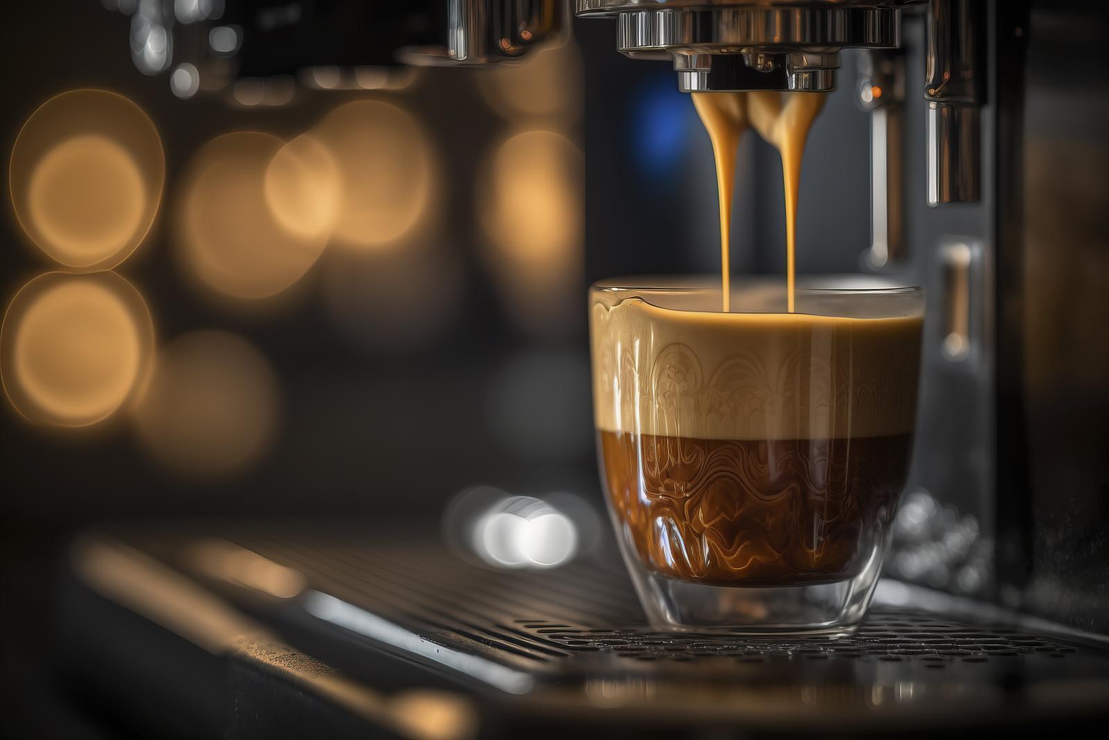 Warm amber espresso pouring into a glass cup, rich brown tones with soft bokeh lights